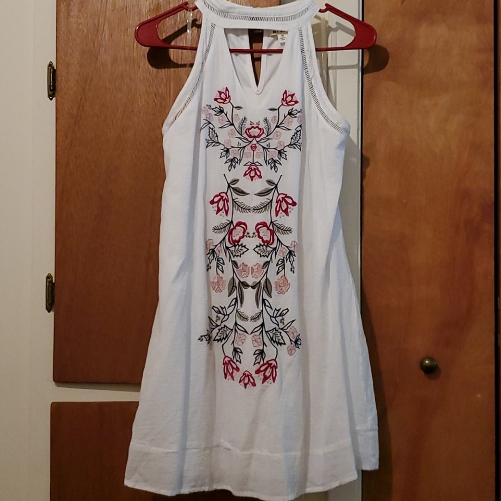 White embroidered lined halter dress